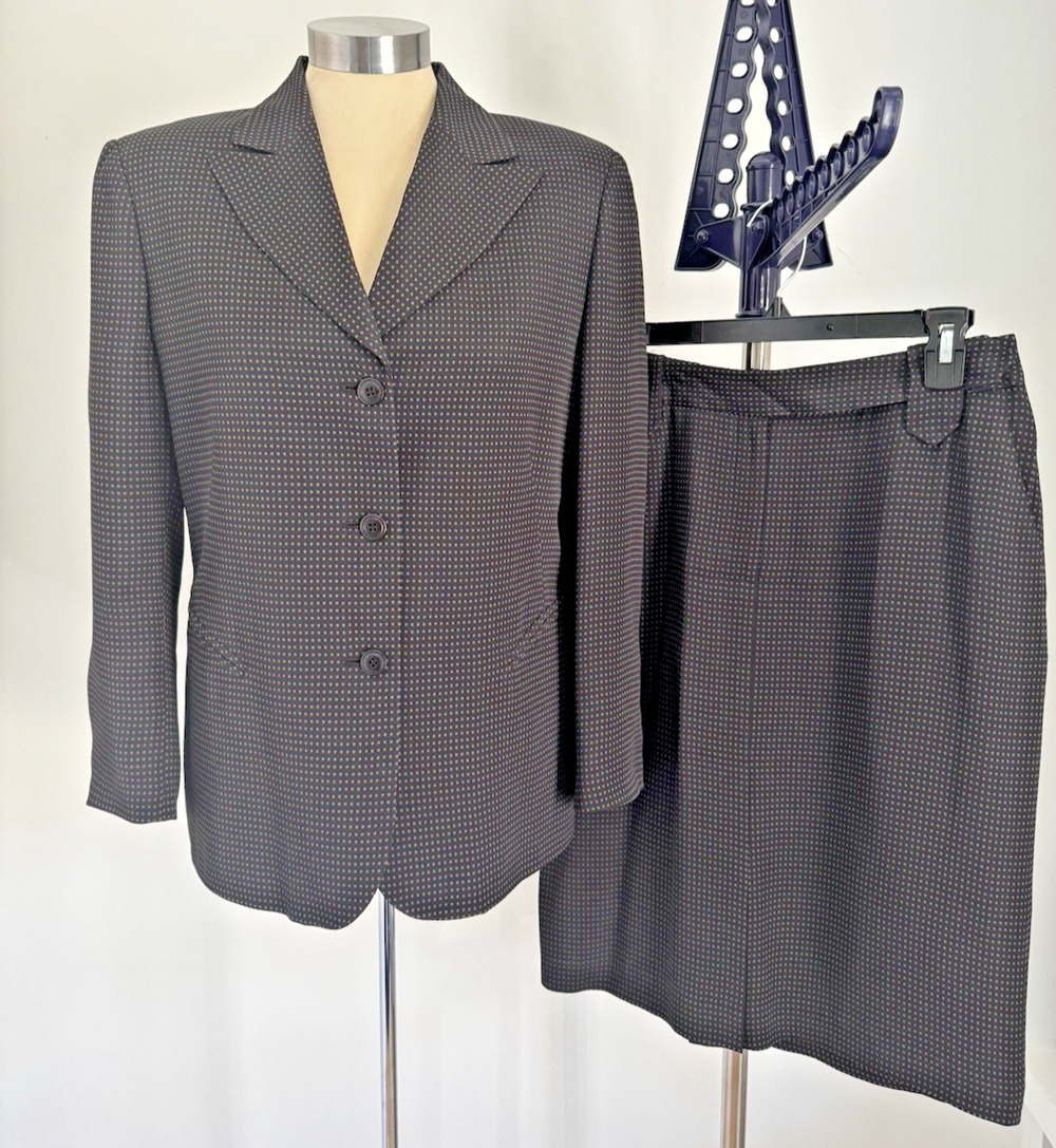 ANNE KLEIN Skirt Suit Black with Tan Dot Pattern Fully Lined EUC Women's Size 8